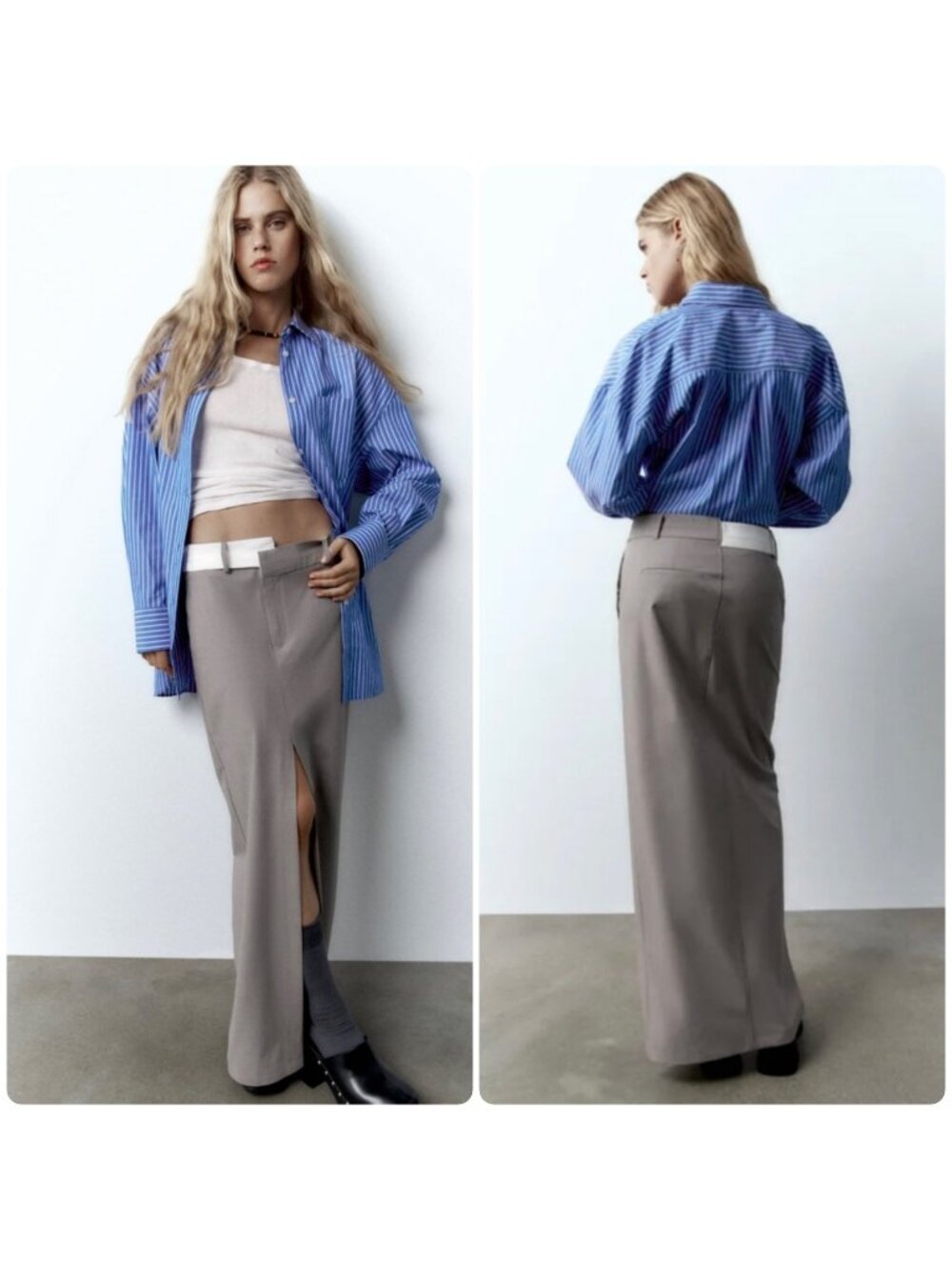 Zara Asymmetrical Waistband Maxi Long Skirt Medium Grey Open Leg Academia Grunge